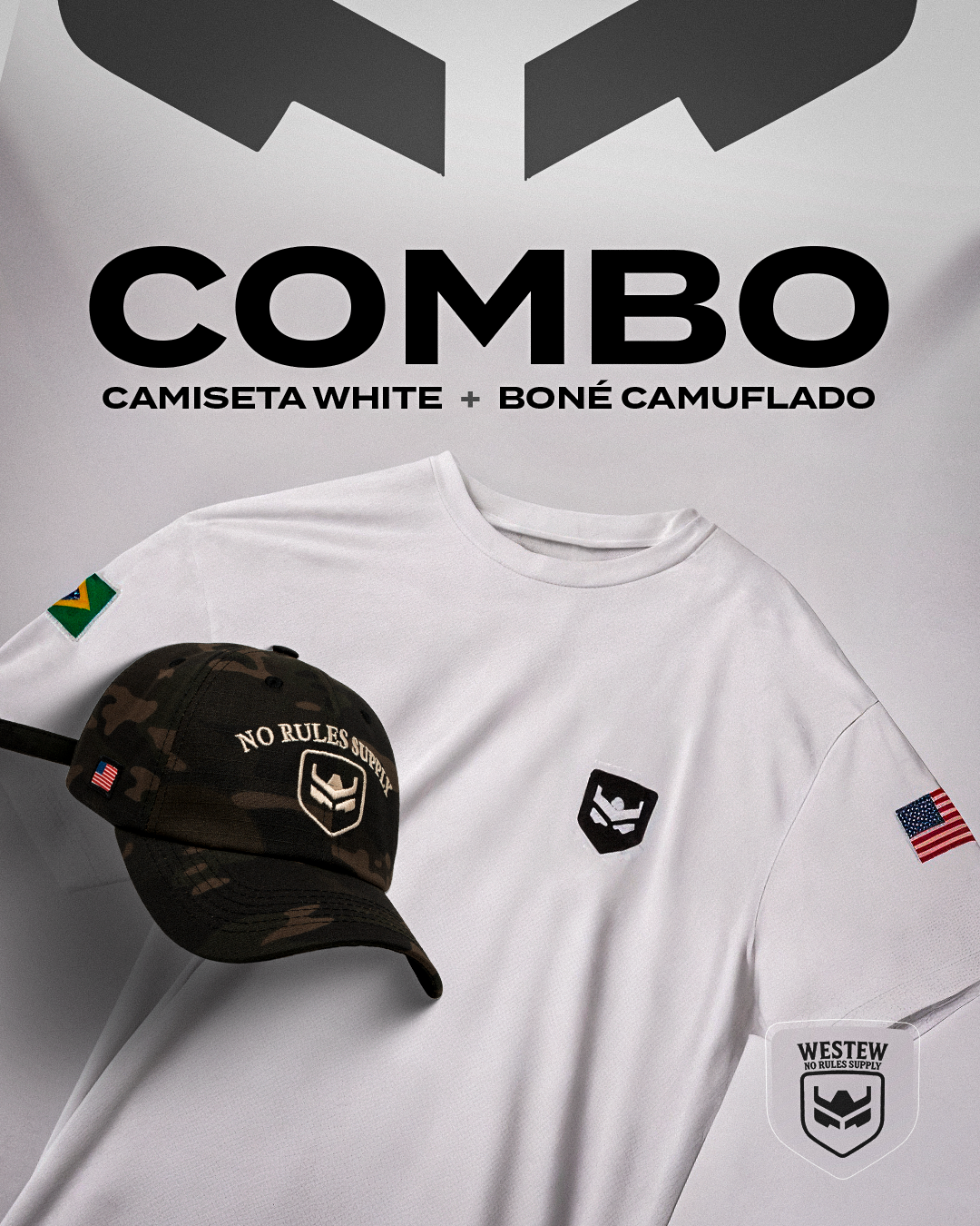 Camiseta básica Branca + Boné Dad Hat Camuflado