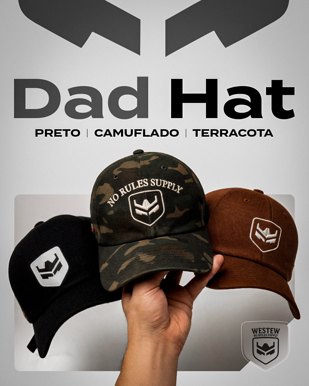 Combo 3 bonés Dad Hat – Preto, Terracota e Camuflado